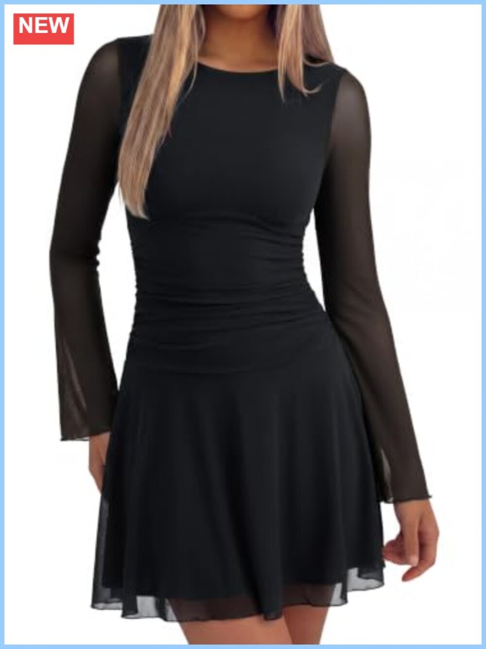 REORIA Womens Boat Neck Sheer Mesh Ruched Long Sleeve Mini Dress Y2K